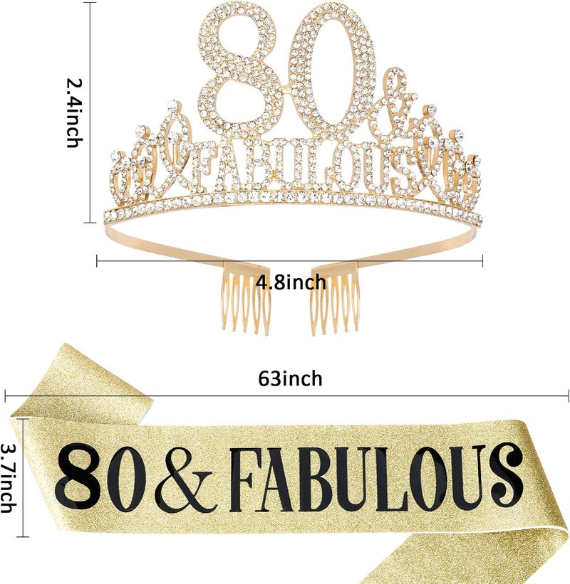 Hapdoo Gold 80th Birthday Tiara & Sash Set, Happy 80th - Fabulous Decorations - Image 3